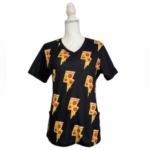 Pizza Print Nursing Medical Scrub Top with Stretch Women’s Medium